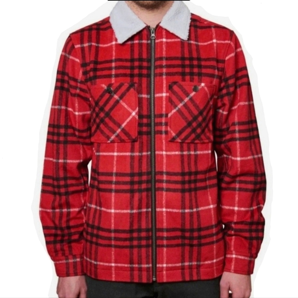 Wesc Liam Red Plaid Zip Up Jacket Shacket White Collar Pockets Size Small